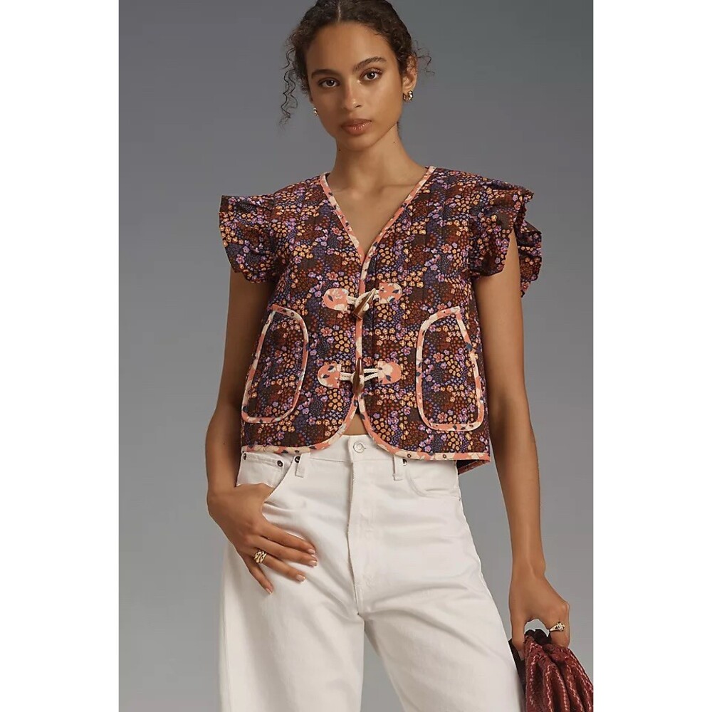 Dolan Anthropologie Printed Ruffled Toggle Vest Quilted Cottagecore Floral, S